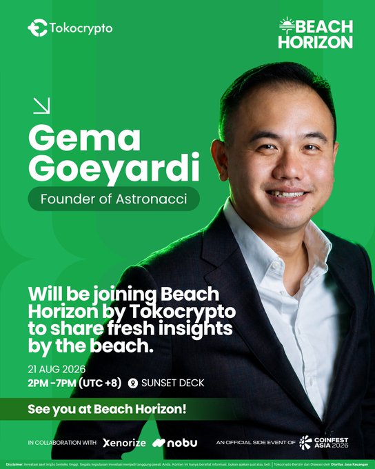 Promotional graphic featuring Gema Goeyardi, Founder of Astronacci, as a special guest speaker at Beach Horizon by Tokocrypto (presented in collaboration with Xenorize and Nobu as an official side event of Coinfest Asia 2026), scheduled for 21 August 2026 from 2PM–7PM (UTC+8) at Sunset Deck.
