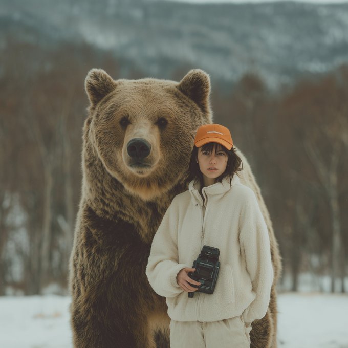 A photo-realistic image of a young woman wearing an orange cap and cream-colored fleece jacket, holding a camera, standing next to a massive brown bear in a snowy forest landscape with mountains in the background.