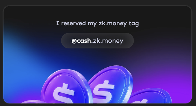 A promotional graphic reads "I reserved my zk.money tag @cash.zk.money" over a blue and purple gradient background featuring stylized coin illustrations.