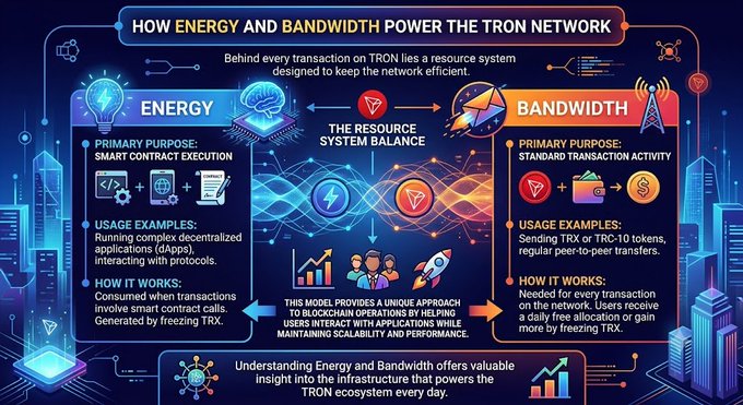 The image shows a diagram that illustrates how energy and bandwith power the TRON network behind every transaction on the network. The diagram features various elements such as energy, bandwith, smart contracts, and transactions. It also includes text that explains the relationship between these components in the context of the TRON network.