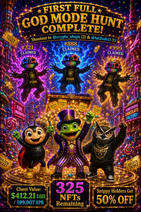 A promotional poster displays three cartoon characters wearing costumes and claiming three gold tickets as their prizes. These characters are a bear, a frog, and an owl. The image also includes text about a cryptocurrency website called @crypto_shops.