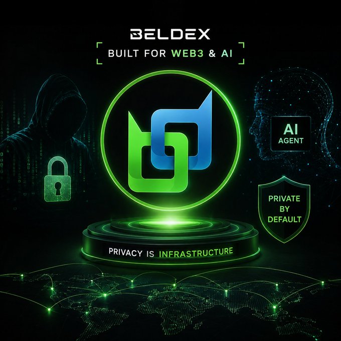 The image is a promotional graphic for Beldex (BDX), featuring its green and blue logo at the center with the tagline "BUILT FOR WEB3 & AI" above and "PRIVACY IS INFRASTRUCTURE" on a glowing pedestal below, flanked by a hooded figure with a padlock symbolizing anonymity and an AI head labeled "AI AGENT" alongside a "PRIVATE BY DEFAULT" shield. It visually reinforces the post's argument that as AI agents drive autonomous onchain activity, Beldex's privacy-first design is essential infrastructure for Web3 adoption.