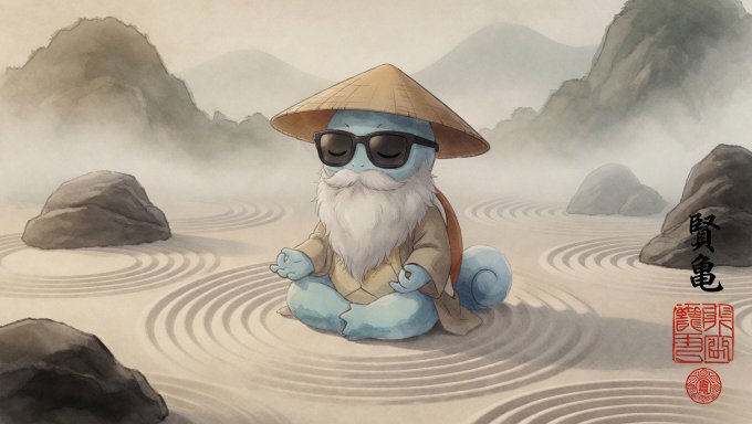A watercolor-style painting depicts a Squirtle with a long white beard, wearing a conical Asian hat, sunglasses, and monk robes, meditating on a Japanese rock garden with zen circles raked in the sand.