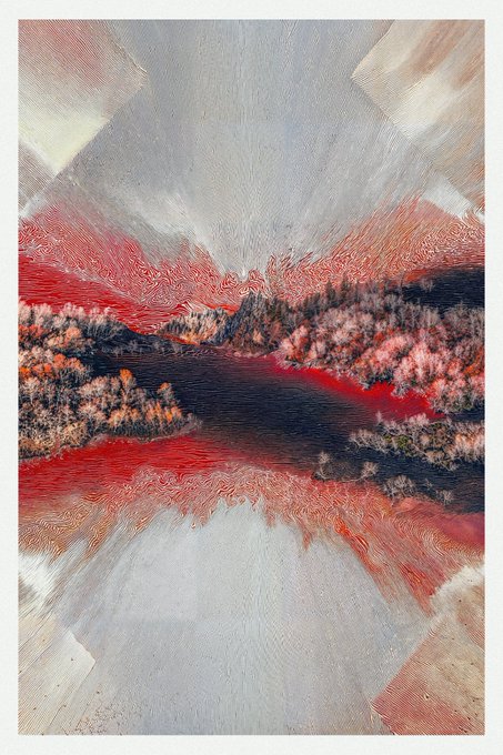 Abstract digital artwork featuring a mirrored landscape composition with a pinkish-red waterway or flower field reflecting across the center, surrounded by soft gray and white geometric brushstroke patterns.
