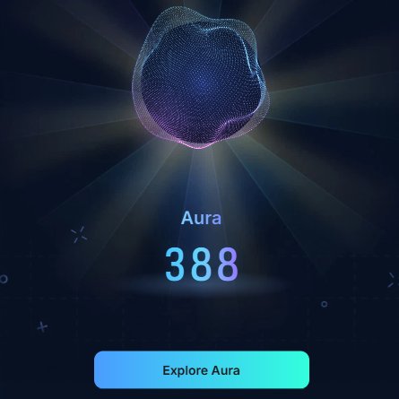 A user interface displays a "Aura" score of "388" beneath a glowing wireframe orb, alongside an "Explore Aura" button. The image visually represents the user's starting aura score, illustrating the onboarding process to claim and check their Aura on the Kaito platform.