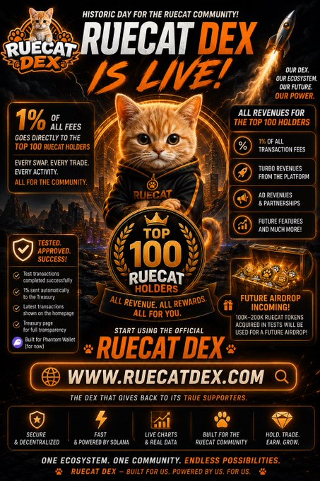 A promotional poster announces 'RUECAT DEX IS LIVE!' for the RUECAT community, detailing 1% of all fees going to top 100 holders and directing to www.ruecatdex.com.
