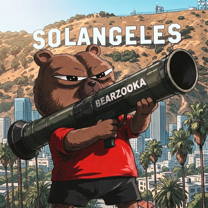 A cartoon bear wearing a red shirt holds a bazooka labeled "BEARZOOKA" against the Hollywood sign backdrop, with the word "SOLANGELES" displayed prominently above.