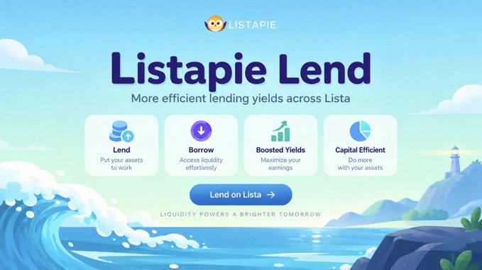 Listapie Lend promotional graphic featuring a coastal lighthouse scene with features: Lend, Borrow, Boosted Yields, and Capital Efficient, with tagline 'LIQUIDITY POWERS A BRIGHTER TOMORROW'.