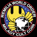 A circular logo featuring a yellow cartoon duck-like figure with the text 'REMILIA WORLD ORDER MILADY CULT COIN'.