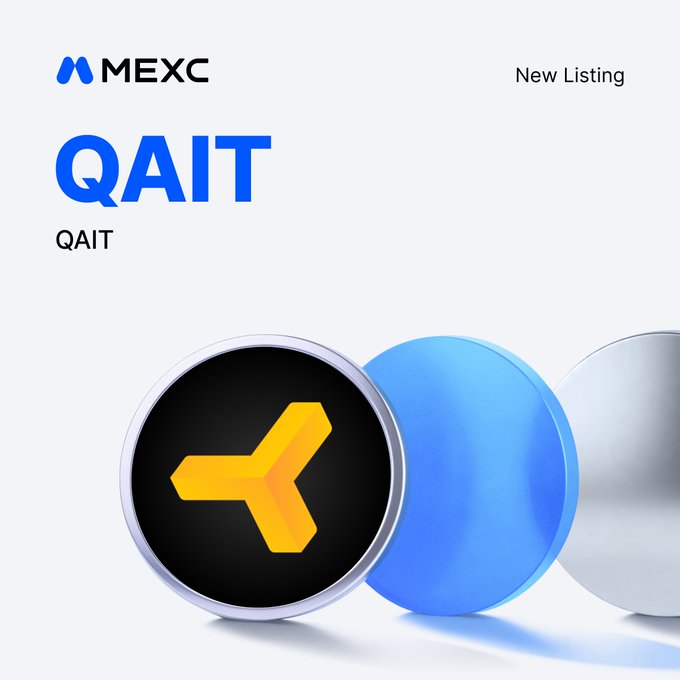 The image features a white background with three different colored circles placed next to each other. The largest circle has a yellow "QAIT" logo, while the middle circle displays a blue "QAIT" logo. The smallest circle also has a yellow "QAIT" logo on it. Below these logos is text that reads "MEXC New Listing! $QAIT   $QAIT/USDT Trading: May  28, 2026, 13:00 (UTC) Details mexc.com/announcements". The image seems to be promoting a new listing or trading opportunity related to the cryptocurrency QAIT.