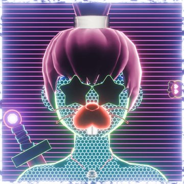 A cyberpunk-style digital illustration of a purple-haired character wearing a glowing hexagonal face mask with star-shaped eyes and a red clown nose.