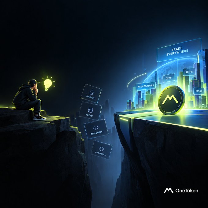 A hooded figure sits on a dark cliff edge contemplating a glowing lightbulb, gazing across a chasm toward a futuristic cityscape featuring the OneToken logo surrounded by holographic panels labeled "TRADE EVERYWHERE," "LIQUIDITY," "POOLS," "DEPLOYMENT," "AGGREGATORS," "DEXS," "DFPS," and "MORE," visually symbolizing the leap from idea to execution as the post describes overcoming technical friction in liquidity and contract deployment.
