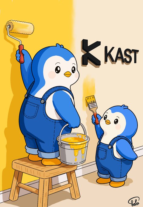 The image features two penguins painting a wall together using paint rollers. One penguin is holding a paint roller, while the other is holding a bucket of yellow paint. The background shows a white wall with the word "KAST" written on it in black letters.