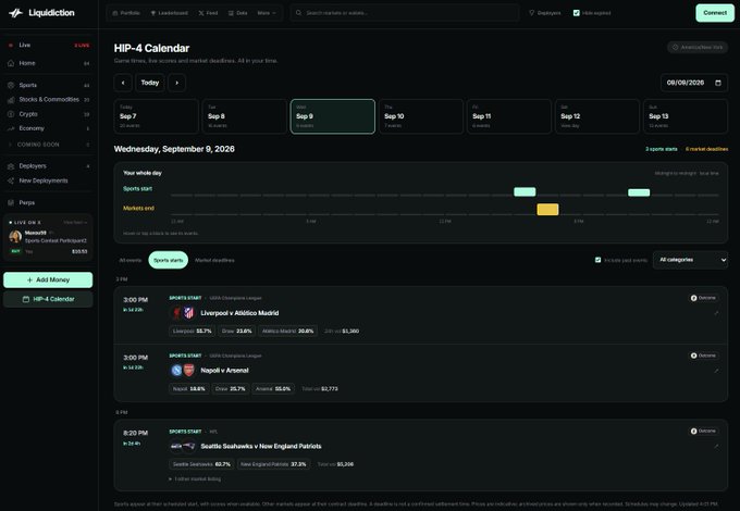 A dark-themed dashboard interface for 'Liquidation' displaying a 'HIP-4 Calendar' showing market deadlines and sports start events for teams including Liverpool, Napoli, and Seattle Seahawks.
