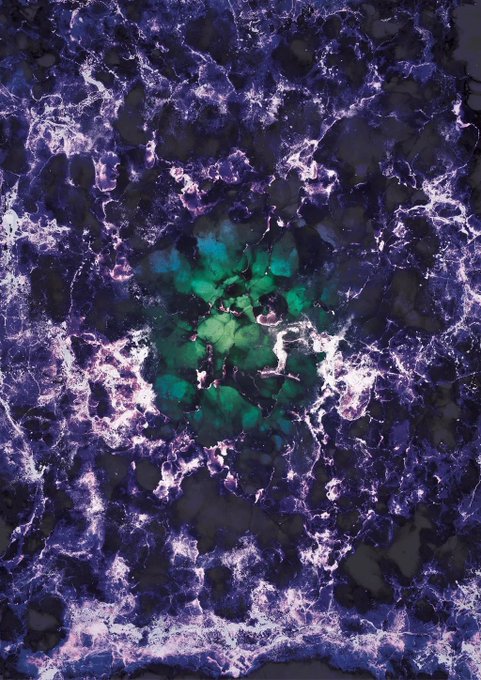 An abstract, textured image resembles a cosmic vortex or cellular structure, featuring deep purple and black jagged edges surrounding a glowing green and black center.