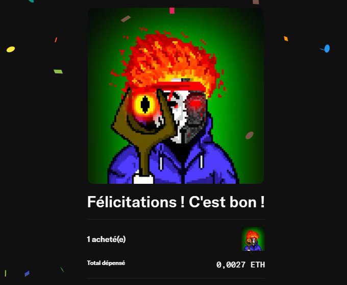 A pixel art NFT confirmation screen in French reading 'Félicitations ! C'est bon !' showing 1 purchased for 0.0027 ETH, featuring a pixel character with fiery red hair, a skull face, and a staff against a green background.