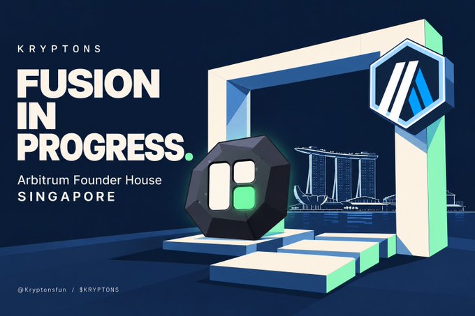 A dark blue promotional poster reads “KRYPTONS FUSION IN PROGRESS.” and “Arbitrum Founder House SINGAPORE,” alongside a geometric logo and a stylized city waterfront.