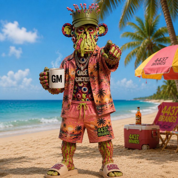 A 3D-rendered cactus character wearing a "4437 BRANDS" crown and matching outfit, holding a "GM" mug at a beach with branded cooler and umbrella.
