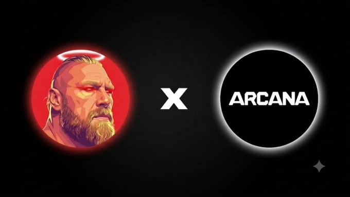 A promotional graphic showing a collaboration between two brands, featuring a red circular logo with an illustration of a bearded man with a halo on the left, an 'X' in the middle, and a black circular logo reading 'ARCANA' on the right.