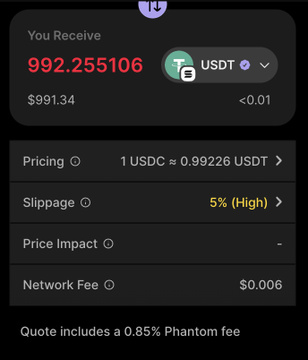 A cryptocurrency exchange screen showing a transaction of '992.255106 USDT' to USDC, with slippage marked as '5% (High)' and a network fee of $0.006.