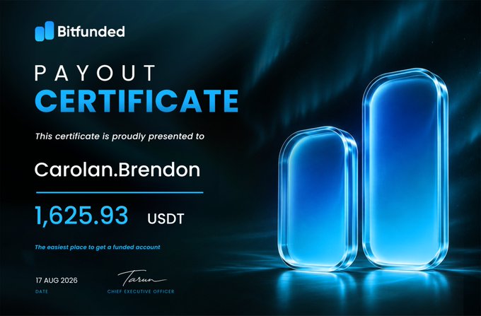 A Bitfunded payout certificate awarded to Carolan Brendon for $1,625.93 USDT, dated 17 AUG 2026, visually celebrating the trader's success in turning a 150K USDT funded account into a real payout.