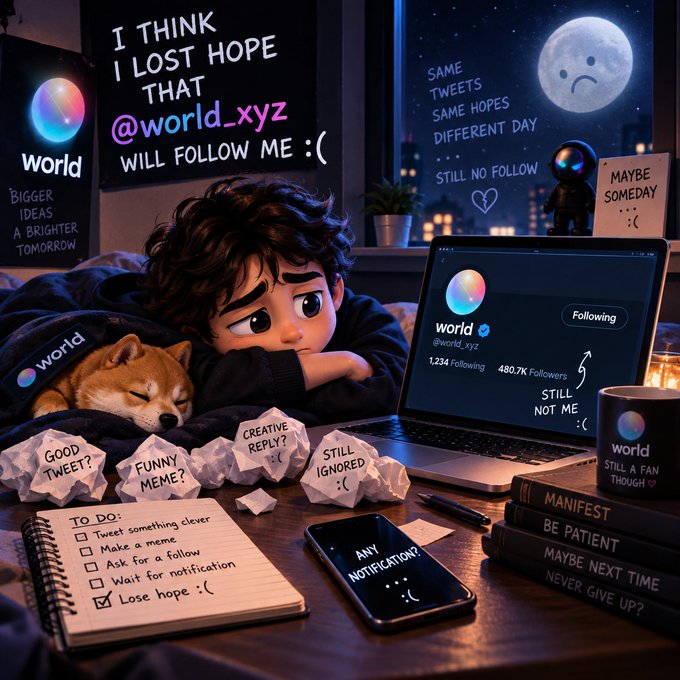 A Pixar-style illustration of a sad boy hugging a Shiba Inu dog, surrounded by crumpled papers with phrases like 'GOOD TWEET?', 'FUNNY MEME?', 'STILL IGNORED', and a laptop showing a 'world' social media profile.