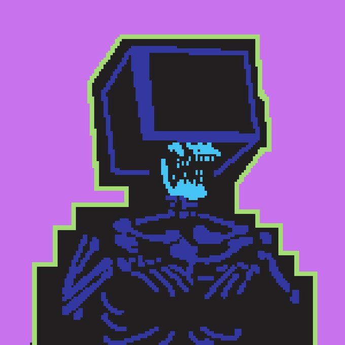 Pixel art illustration of a skeletal figure with a monitor/TV for a head showing a black screen, set against a purple background.