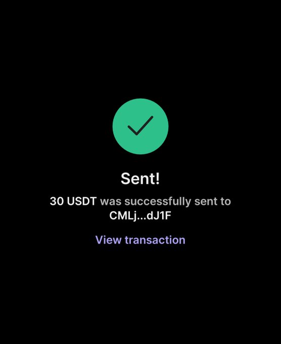 A confirmation screen displays a successful transaction showing "30 USDT was successfully sent to CMLj…dJ1F" with a green checkmark and a "View transaction" link, confirming the post's claim that 30 USDT was sent to @VeyrX_.
