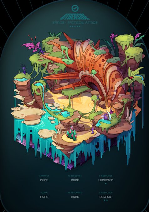 A digital artwork featuring the text 'SAANDS - RAINBOW ATMOS,' depicting a floating island with a large orange crystalline structure, green foliage, and turquoise waterfalls.