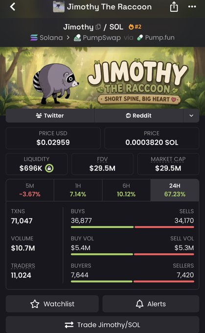 Cryptocurrency stats page for 'Jimothy The Raccoon' ($JIMOTHY / SOL #2) showing price $0.02959, market cap $29.5M, and 67.23% 24H gain.