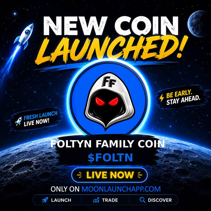 A promotional graphic announcing 'NEW COIN LAUNCHED!' for the Foltyn Family Coin ($FOLTN) on MoonLaunchApp.com, featuring a hooded figure with red eyes.