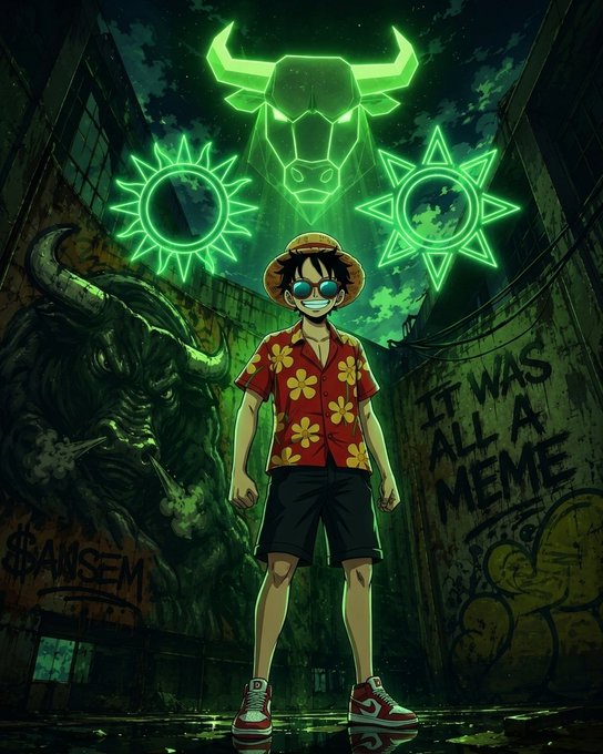 An anime-style image featuring a character resembling Luffy in a red floral shirt standing in front of a green neon bull logo and the graffiti 'IT WAS ALL A MEME' with '$ANSEM' visible.