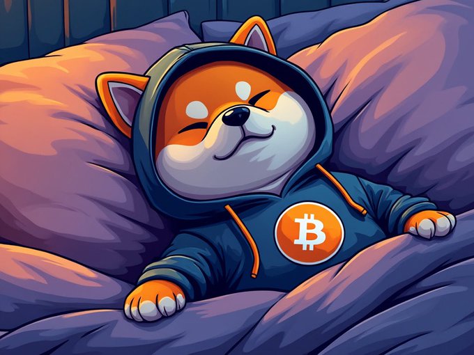 An illustration of a sleeping Shiba Inu dog wearing a blue hoodie with an orange Bitcoin (₿) logo, nestled in purple blankets.