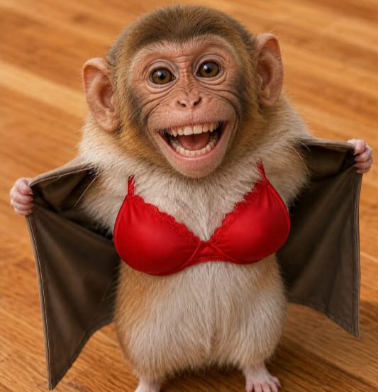 A monkey wearing a red bra and holding open a dark jacket, standing on a wooden floor with a wide, open-mouthed expression.