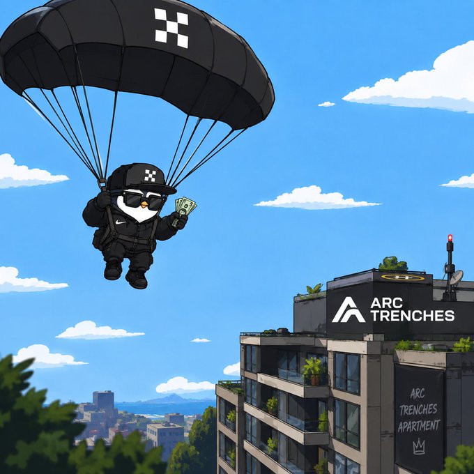 A cartoon illustration showing a black-clad character parachuting toward a building labeled 'ARC TRENCHES APARTMENT', holding money with the character wearing a cap featuring a pixelated design.