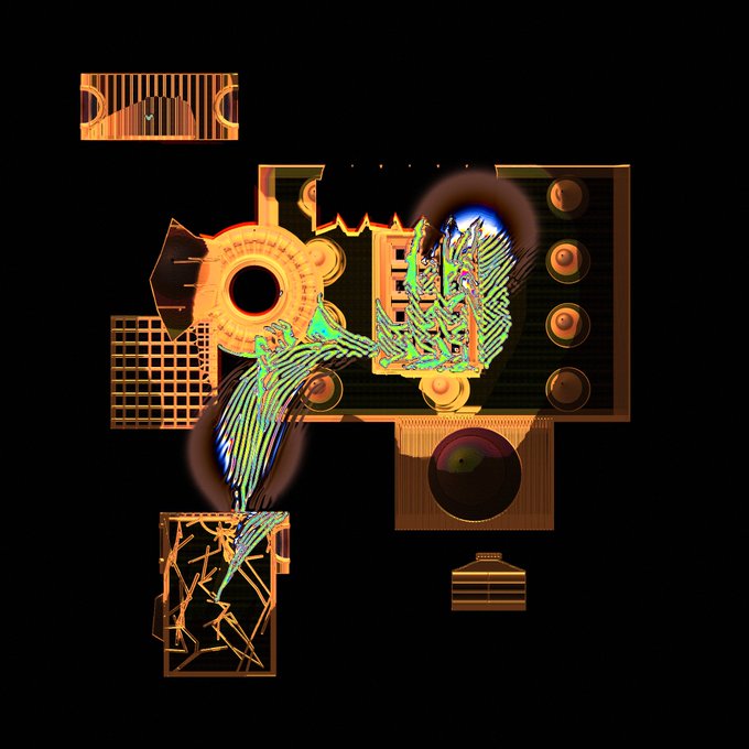 An abstract, mechanical composition of orange and green circuit-like textures, gears, and fragmented panels floats against a black background.