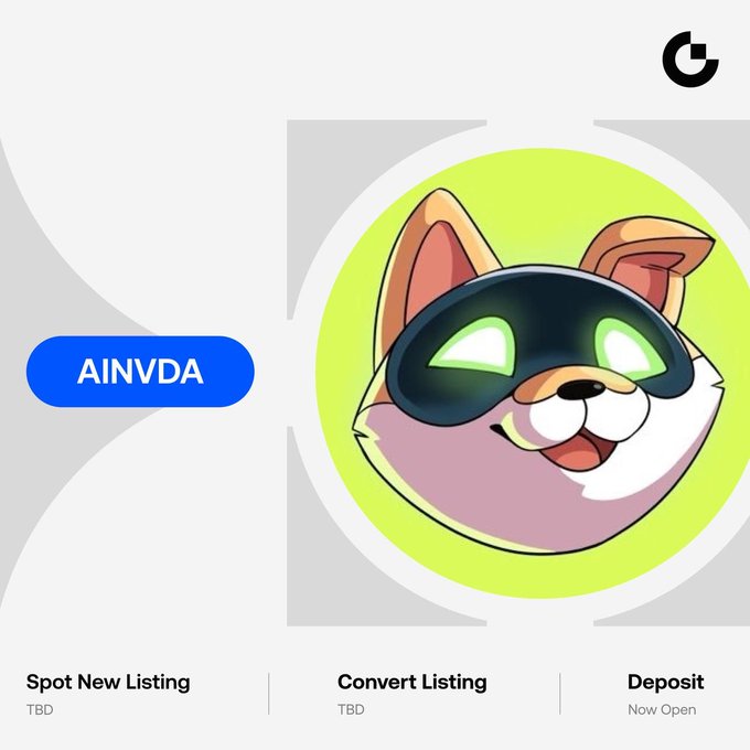 Gate promotional graphic for the upcoming $AINVDA listing featuring the Artificially Inu cat mascot, displaying the AINVDA ticker alongside details that deposits are now open, while convert listing and spot new listing times remain TBD.