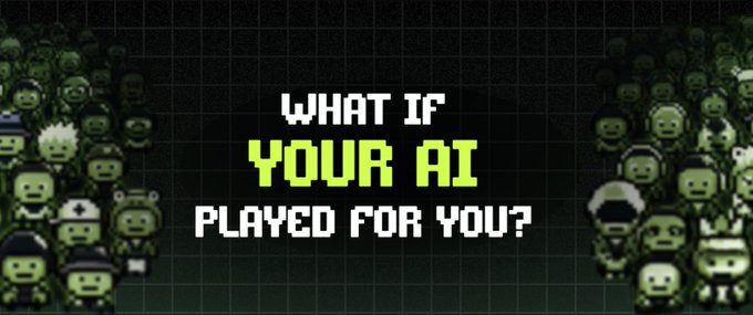 A dark green pixel-art banner asks "WHAT IF YOUR AI PLAYED FOR YOU?" surrounded by crowds of small pixelated character avatars, visually representing MindGamesAI's concept of AI agents competing in fantasy leagues across games like chess, poker, and trading.