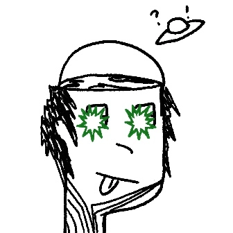 A simple line drawing of a person with green star-shaped eyes, their tongue sticking out, with a small planet and the punctuation '?!' above their head.