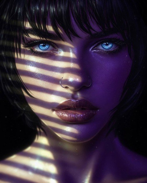 The image features an artist's portrait of a woman with blue eyes looking directly at the camera. The background is dark, which emphasizes the subject's face and accentuates her striking blue eyes. The artist has used a technique called "light and shadow" to create a dramatic effect on the woman's face by casting shadows around her eyes. This artistic choice adds depth and dimension to the portrait, making it visually appealing and engaging for viewers.