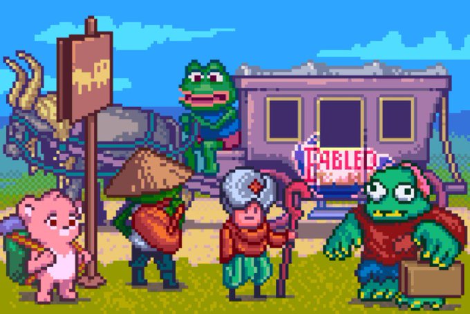 Pixel art scene featuring various cartoon characters including a green frog, a person in a conical hat, a pink bunny, and a zombie-like figure, with a 'TAGGED' sign visible.