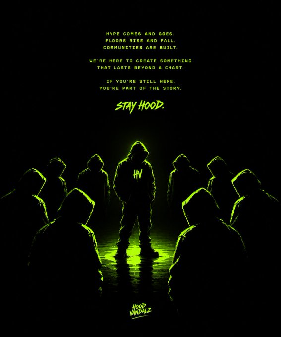 A hooded figure with "HN" on their jacket stands illuminated in neon green light, surrounded by shadowy silhouettes, with the text "STAY HOOD" and a message about creating something lasting beyond hype. The image reinforces the "Be apart of the story" caption by visually depicting a central figure leading a community, emphasizing loyalty and belonging over fleeting trends.