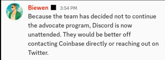 A Discord message from 'Biewen' at 3:54 PM states, 'Because the team has decided not to continue the advocate program, Discord is now unattended.'
