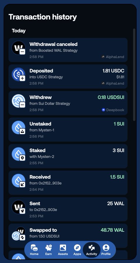 The image shows a SUI wallet's "Transaction history" screen displaying today's activity, including a withdrawal cancellation from "Boosted WAL Strategy," a 1.81 USDC deposit into "USDC Strategy" ($1.81), a 0.18 USDSUI withdrawal from "Sui Dollar Strategy," 1 SUI unstaked from "Myster-1," 3 SUI staked with "Myster-2," 1.5 SUI received from "0x2152_903e," 25 WAL sent to the same address, and a swap of 1.50 USDSUI for 48.78 WAL—all timestamped between 2:53–2:58 PM. This visually reinforces the post's claim by showcasing a clean, detailed activity feed that helps users make more informed onchain decisions on SUI.