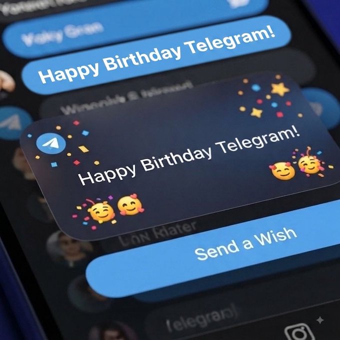 A close-up of a smartphone screen displays a Telegram chat with festive "Happy Birthday Telegram!" notifications accompanied by party emoji stickers and a "Send a Wish" button. The image visually celebrates Telegram's milestone, complementing the post's note about the platform's 13-year anniversary and its sustained presence among the world's most downloaded apps.
