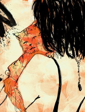 The image is an expressive, mixed-media painting featuring a stylized figure with dark, textured hair, vibrant orange and red skin tones, and delicate jewelry, rendered in a raw, sketchy style with bold black outlines. It likely serves as the "original paintings" artwork referenced in the post, being offered as part of a limited 1/1 NFT collection on objkt.com priced at 77 XTZ.