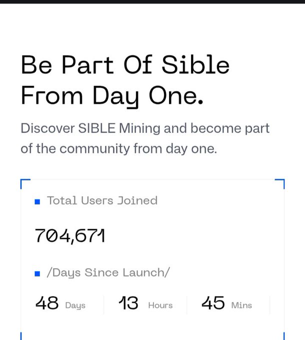 A promotional graphic for SIBLE Mining showing '704,671 Total Users Joined' and '48 Days, 13 Hours, 45 Mins' since launch, with the heading 'Be Part Of Sible From Day One.'