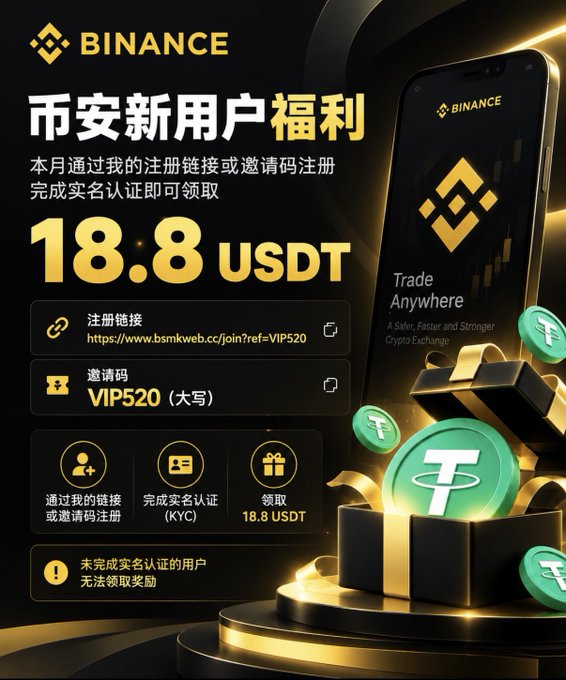 BINANCE promotional graphic in Chinese advertising "币安新用户福利" (Binance New User Benefits) offering 18.8 USDT with registration link and invite code VIP520.