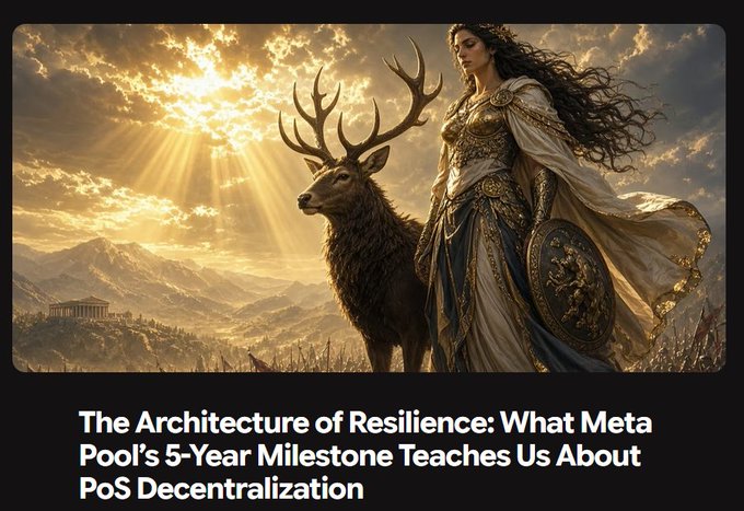 An article titled 'The Architecture of Resilience: What Meta Pool's 5-Year Milestone Teaches Us About PoS Decentralization' featuring an illustration of a woman and a stag in classical attire.