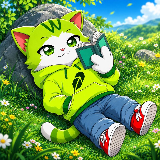 An anime-style illustration of a cute green and white cat character in a yellow-green hoodie reading a book while leaning against a rock in a flower-filled field.